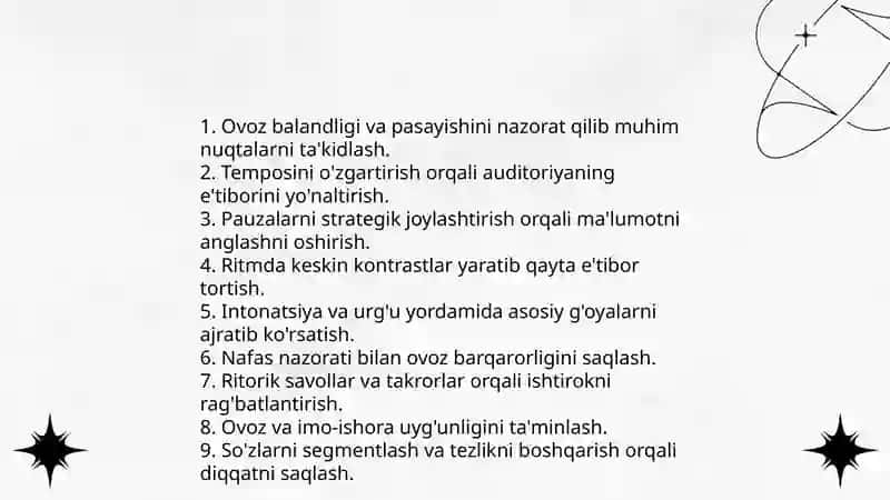Ommaviy chiqishlarda auditoriya bilan ishlash ommani eʼtiborini qozonish va boshqarish metodlari 4