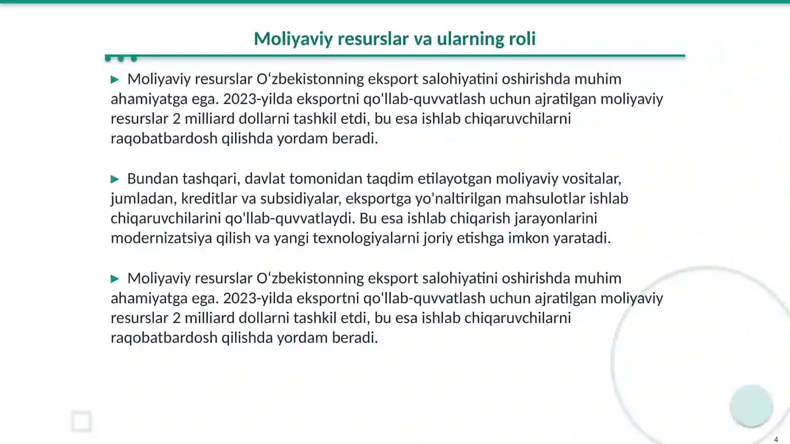 Iqtisodiyotni erkinlashtirish sharoitida Oʻzbekistonning eksport salohiyatini oshirishning moliyaviy imkoniyatlari 4