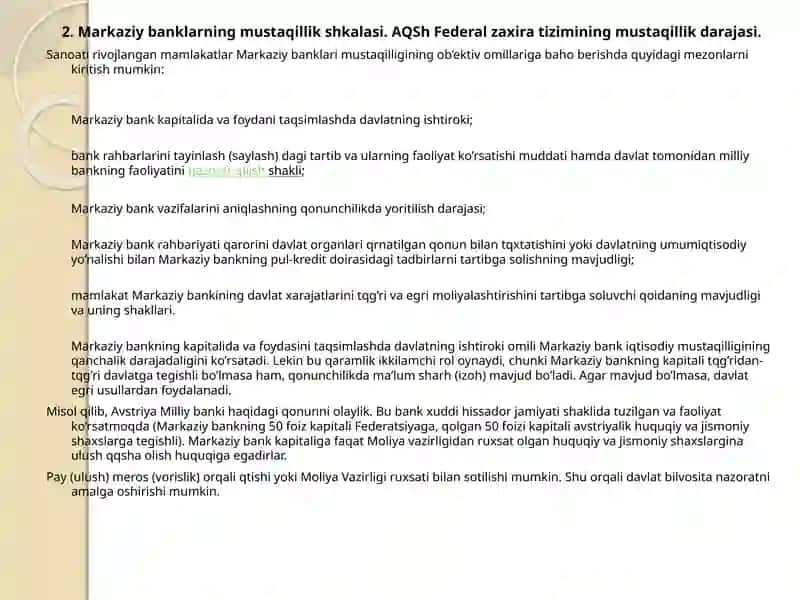 Markaziy bankning iqtisodiy mustaqilligi va uni baholash tartibi 4