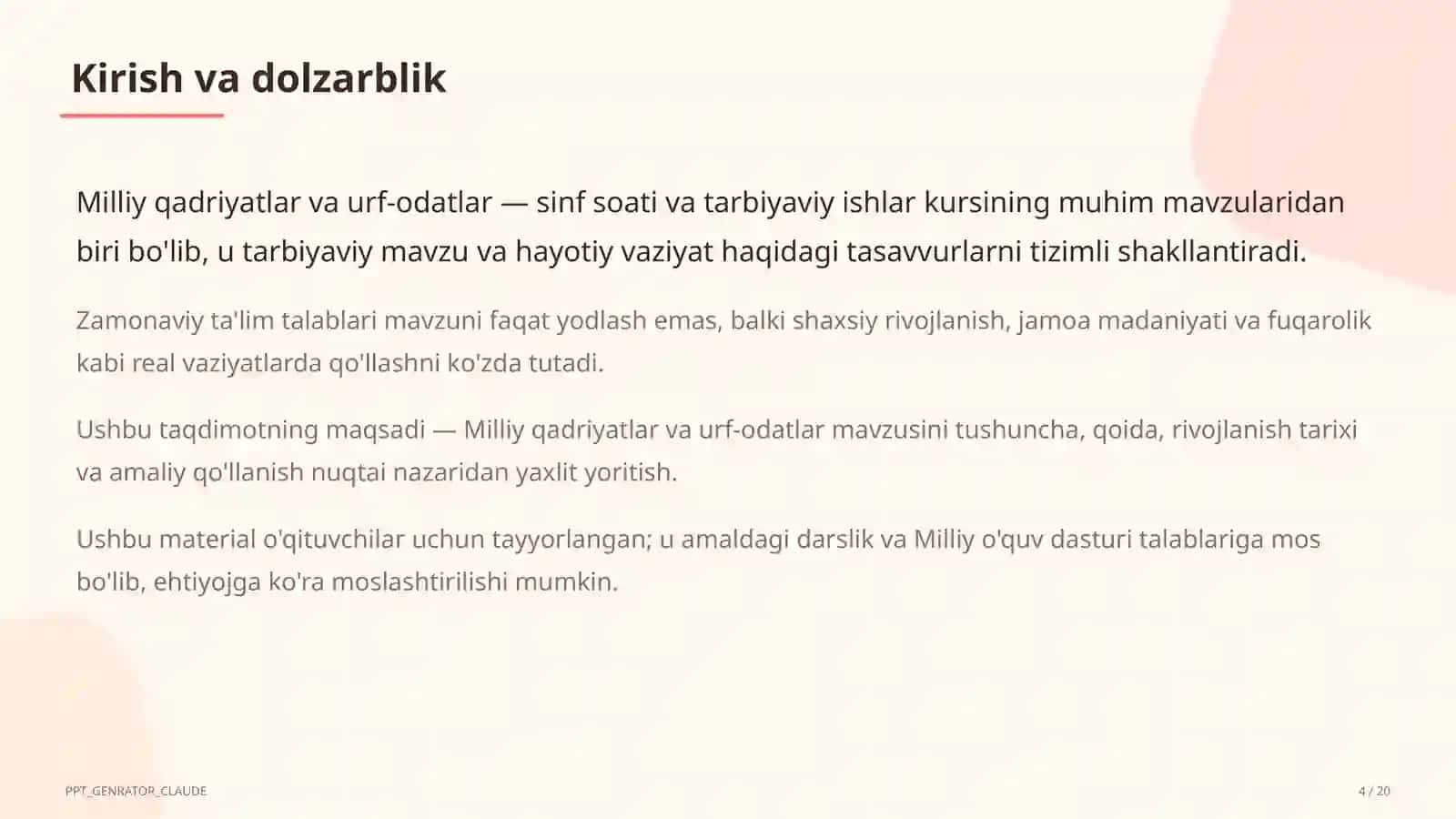 Sinf soati va tarbiyaviy tadbirlar (1–11) — o'qituvchilar uchun 4