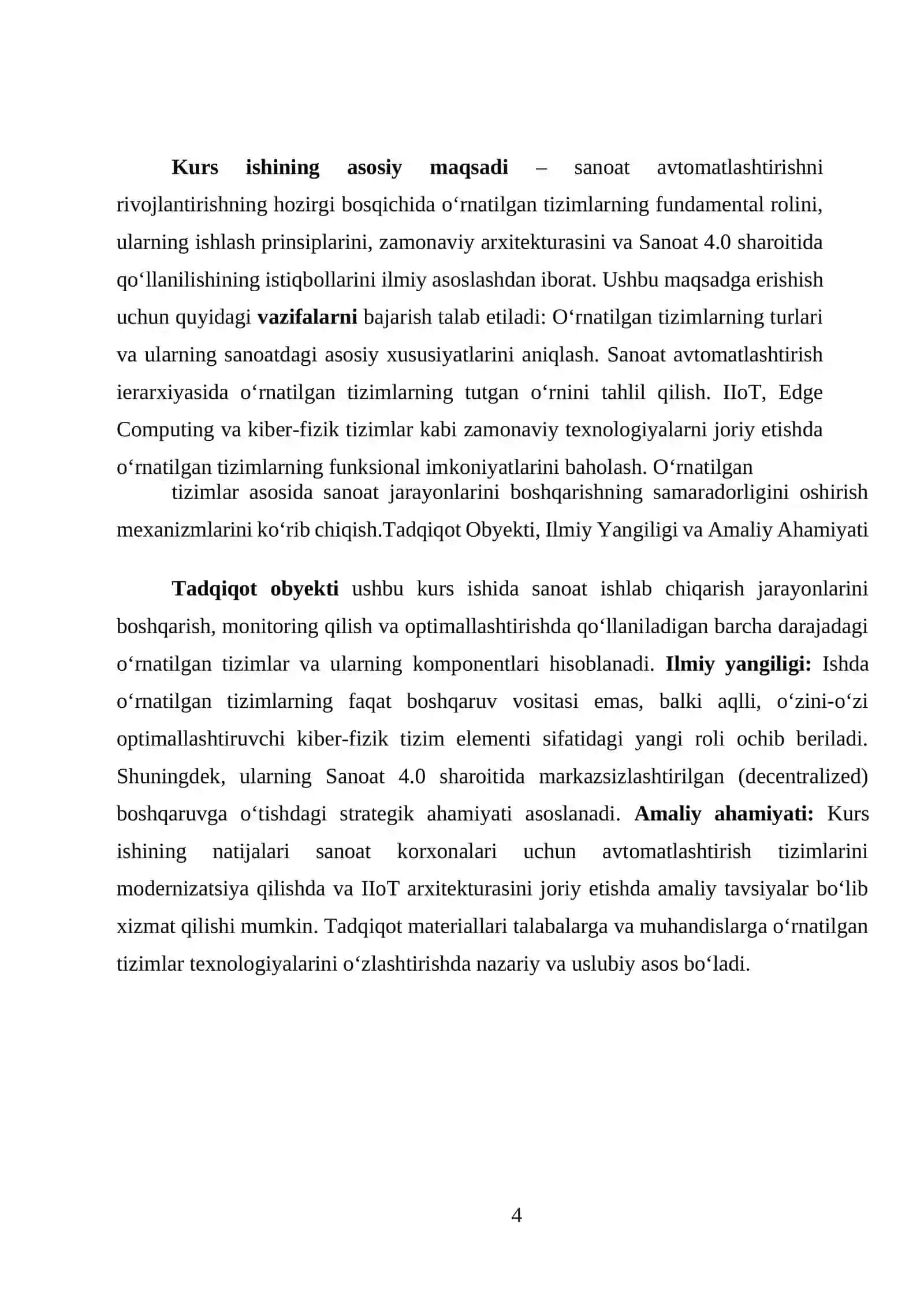 SANOATNI AFTOMATLASHTIRISHDA O‘RNATILGAN TIZIMLARNING ROLI. KURS ISHI HISOBOT YOZUVI 4