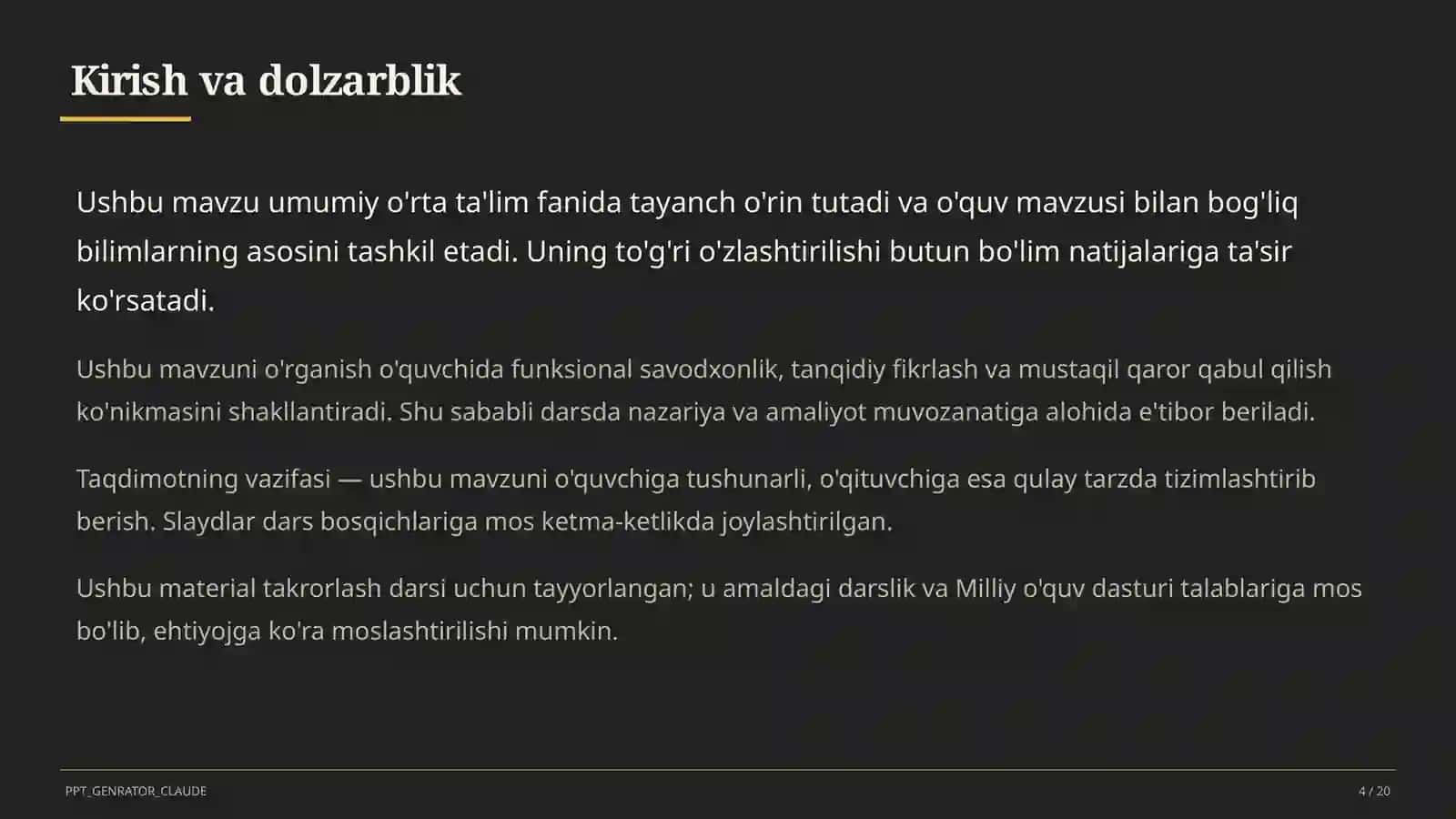 Dolzarb mavzular — maktab va o'qituvchilar (2026) — takrorlash darsi uchun 4
