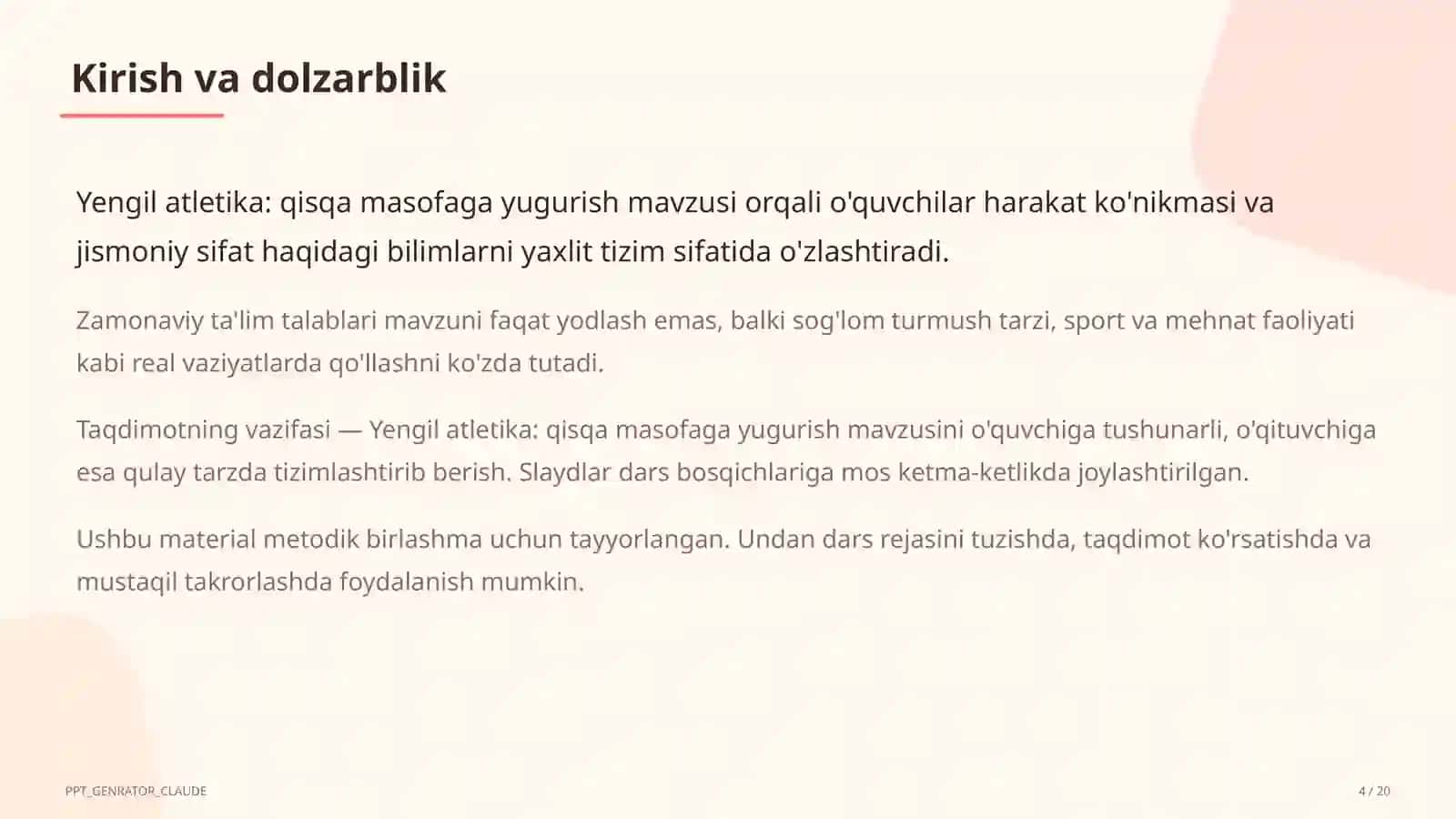 Yengil atletika: qisqa masofaga yugurish (4-sinf) 4