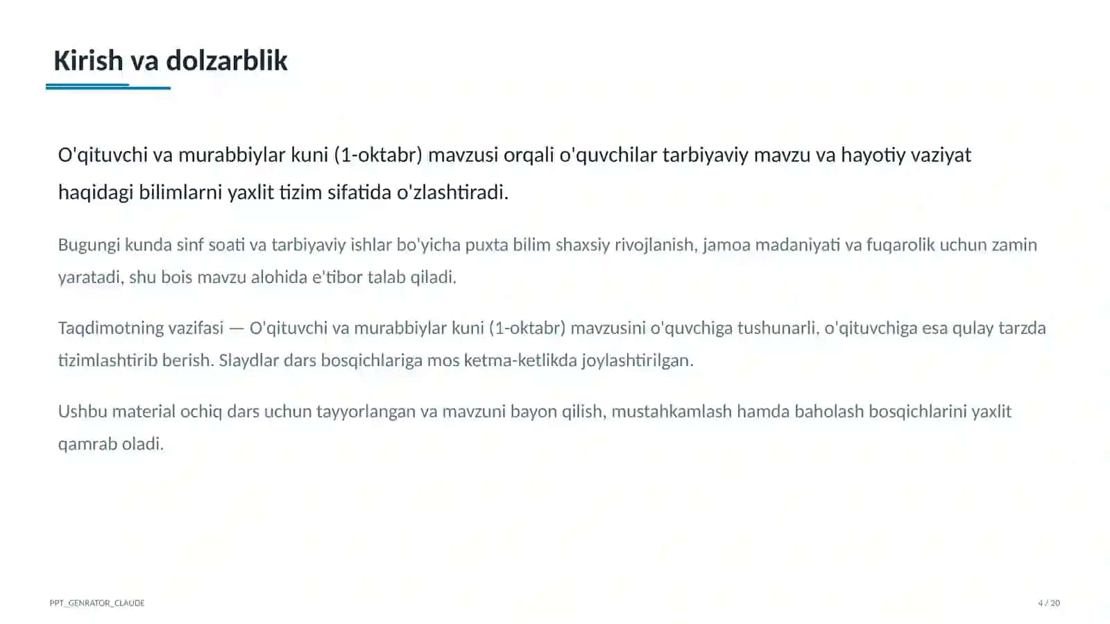 Sinf soati va tarbiyaviy tadbirlar (1–11) — ochiq dars uchun 4