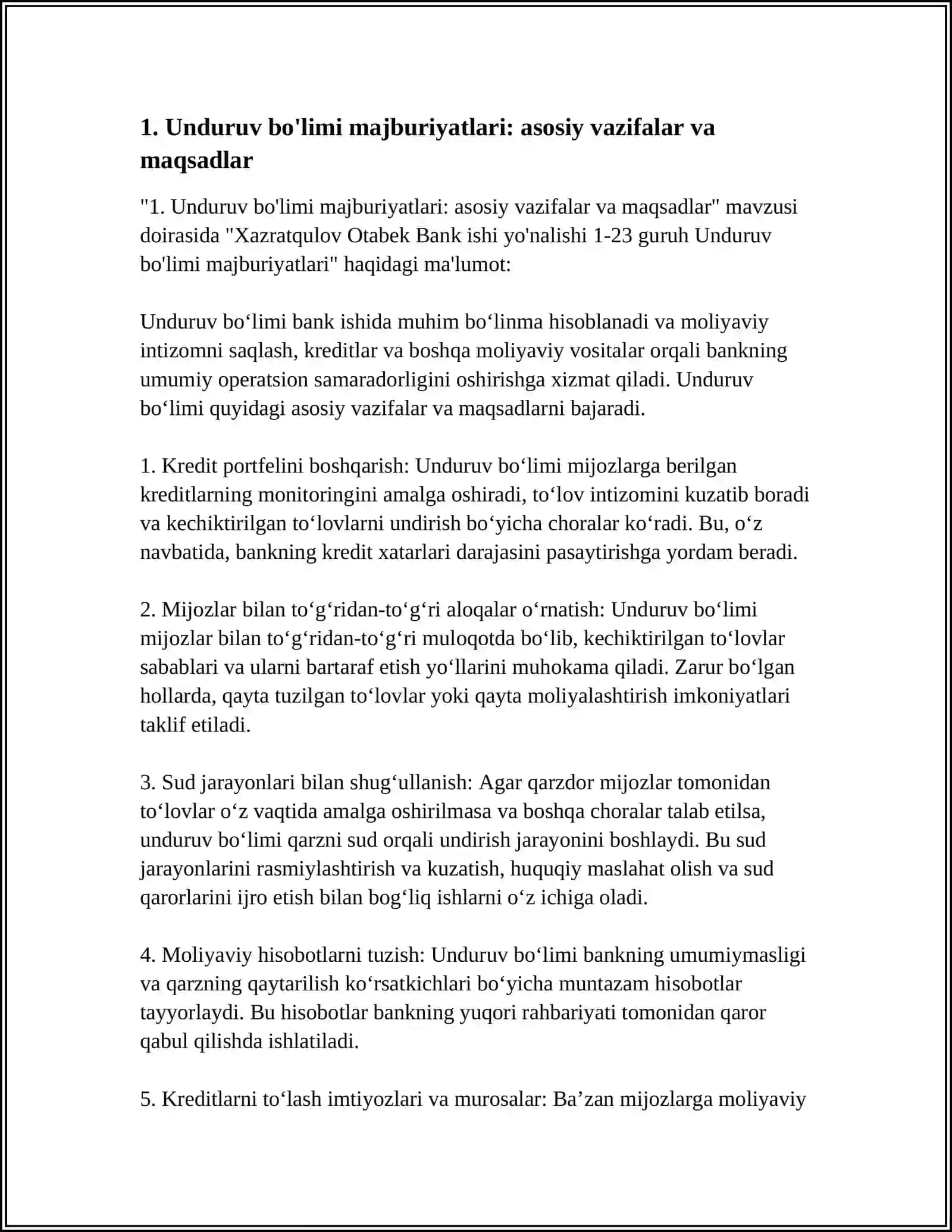 XAZRATQULOV OTABEK BANK ISHI YO'NALISHI 1-23 GURUH 4