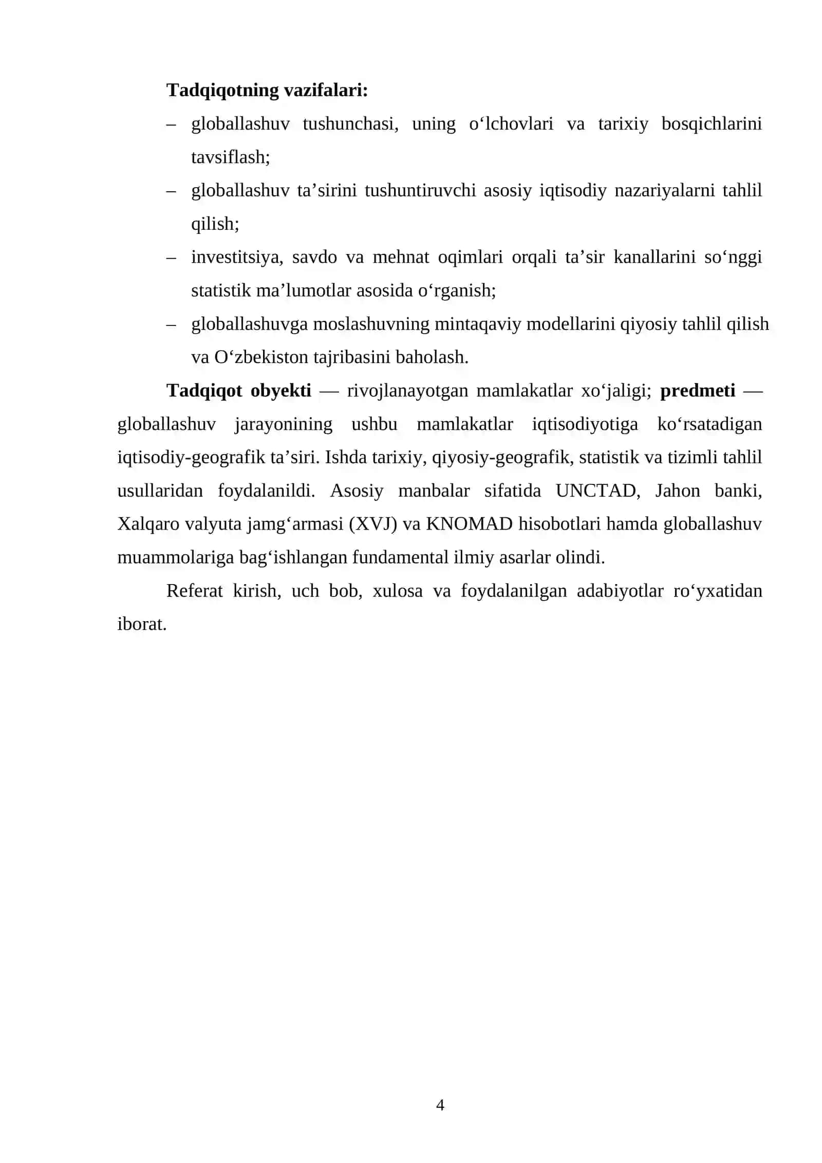 dunyo iqtisodiyotida globallashuv jarayoni referat 4