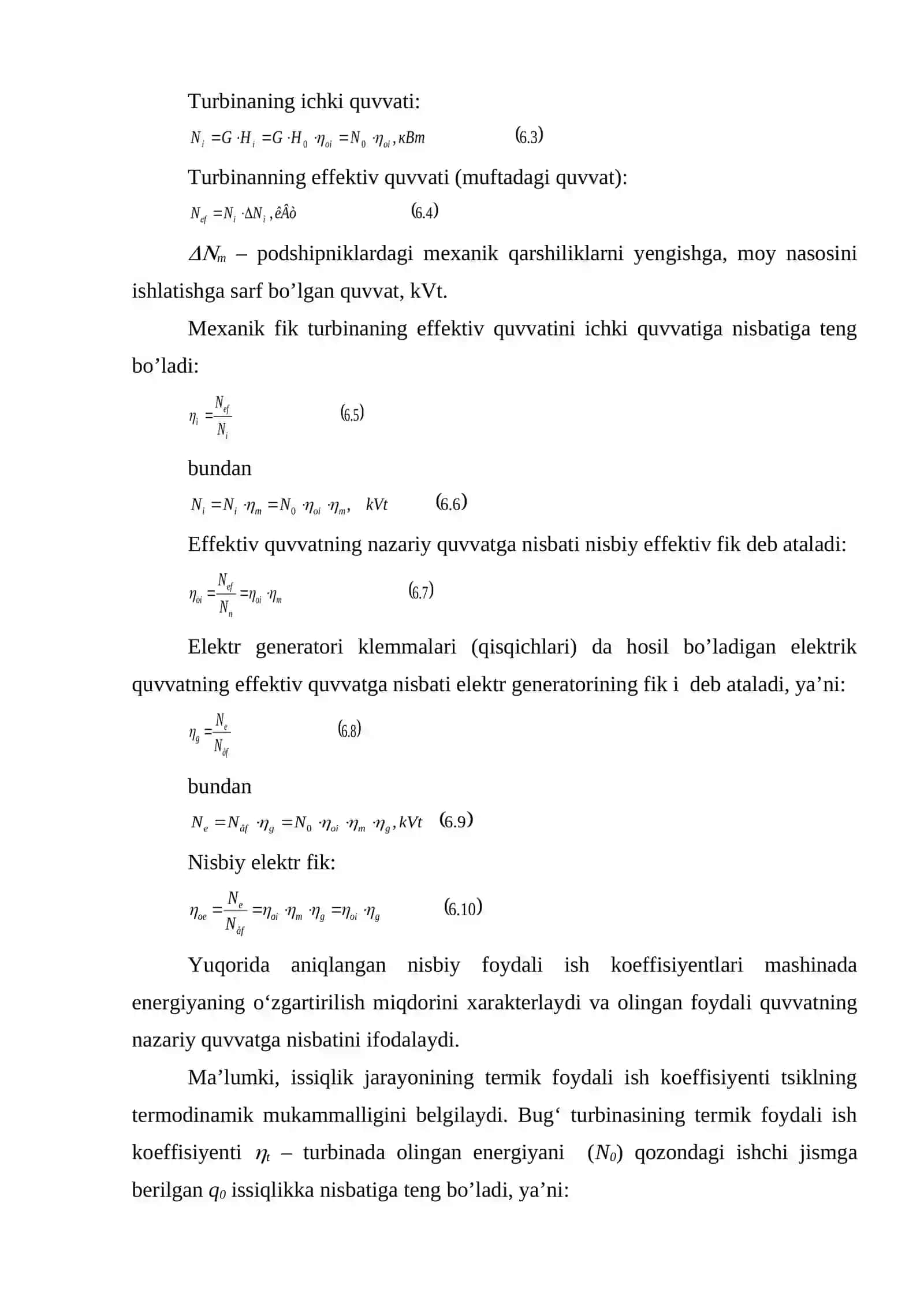 Bug‘ turbinasining fоydali ish kоeffisiyеnti (fik), uning quvvati va bug‘ sarfi 4