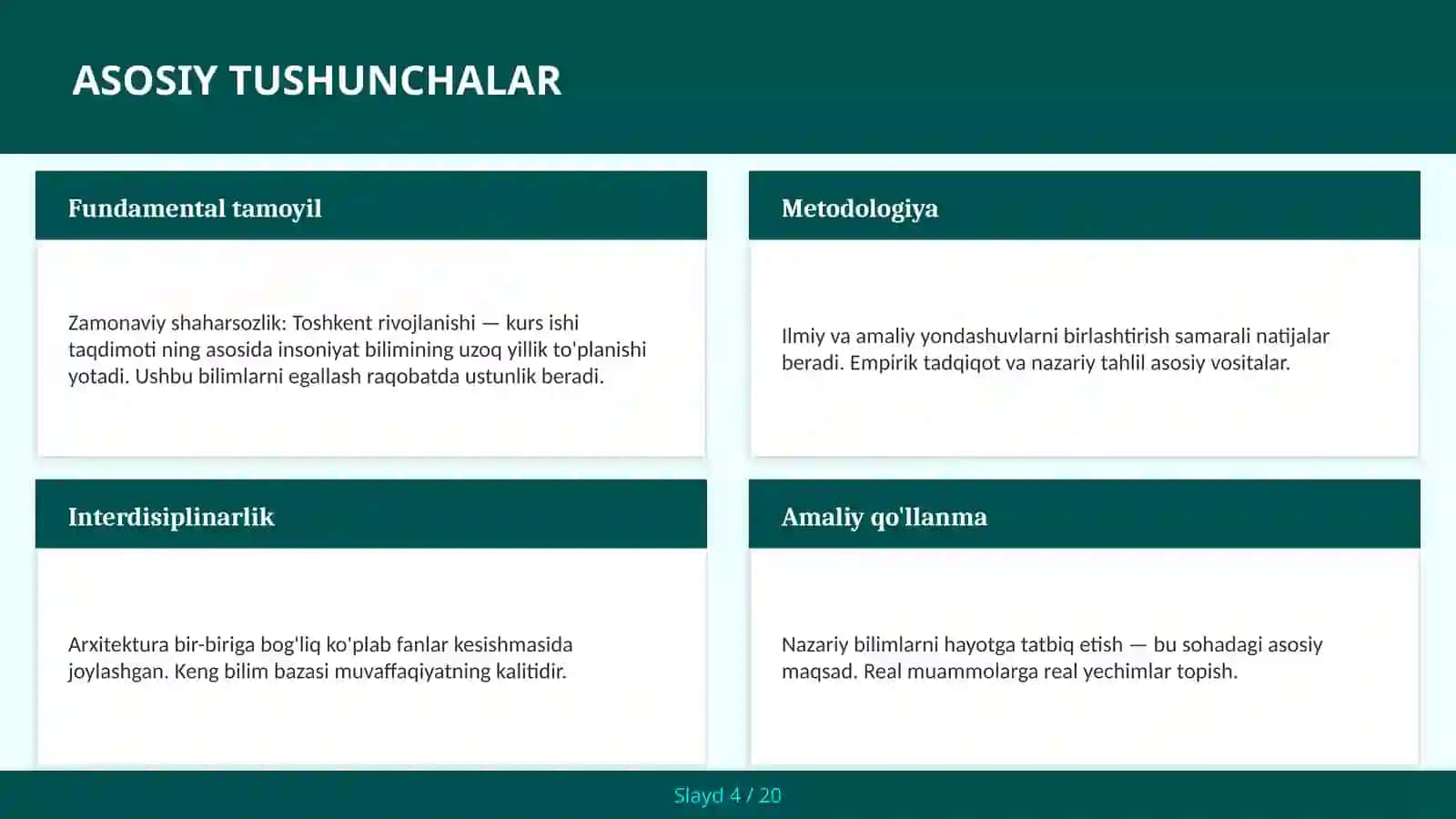 Zamonaviy shaharsozlik: Toshkent rivojlanishi — kurs ishi taqdimoti 4
