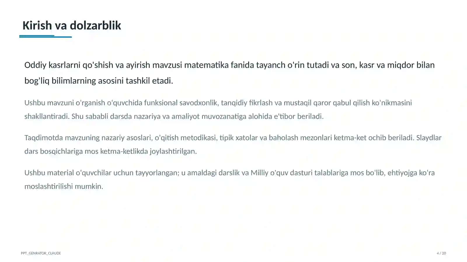 Oddiy kasrlarni qo'shish va ayirish (5-sinf) 4