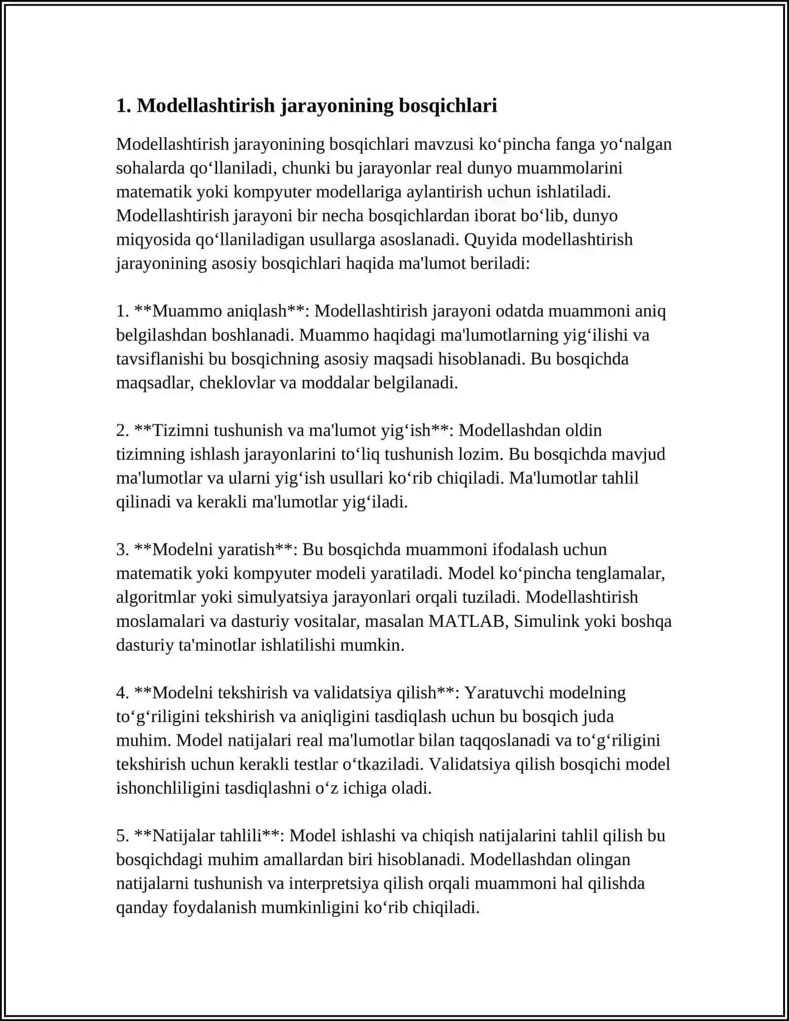 MODELLASHTIRISHNING QAYSI BOSHQICHLARINI BILASIZ VA MODELLASHTIRISHNING BIRINCHI IKKITA BOSHQICHNING MOHIYATI NIMADA 4
