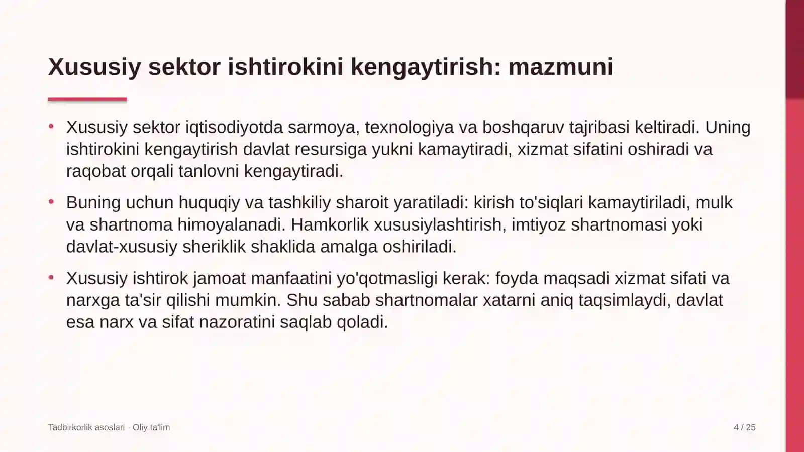 Tadbirkorlik asoslari · Oliy ta'lim 4