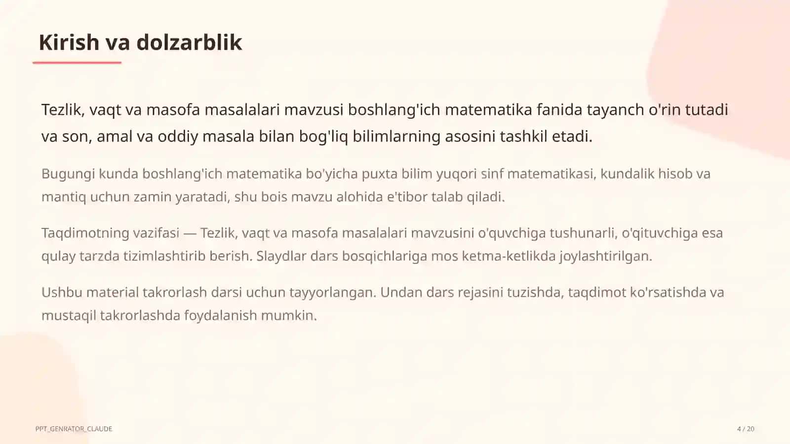 Tezlik, vaqt va masofa masalalari (4-sinf) 4