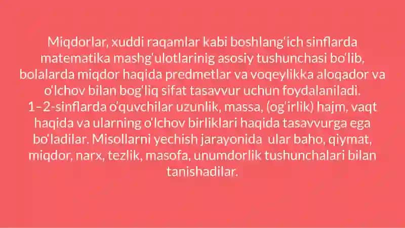 MIQDORLARNI O’LCHASH O’LCHOV BIRLIKLARING TURLARI ULAR USTIDA AMAL BAJARISHGA O’RGATISH METODIKASI 4