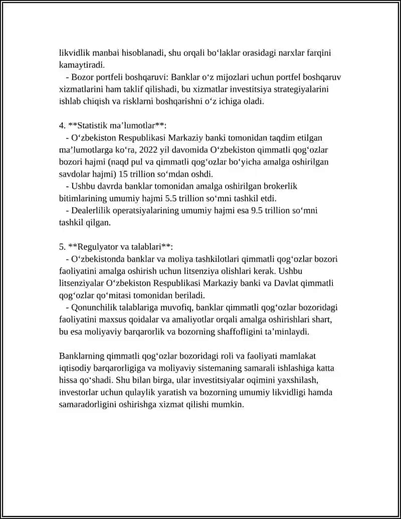 QIMMATLI QOG'OZLAR BOZORIDAGI BANKLARNING OPERATSIYALARI MAZMUNI 4
