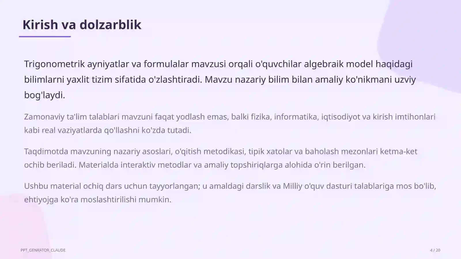Trigonometrik ayniyatlar va formulalar (10-sinf) 4