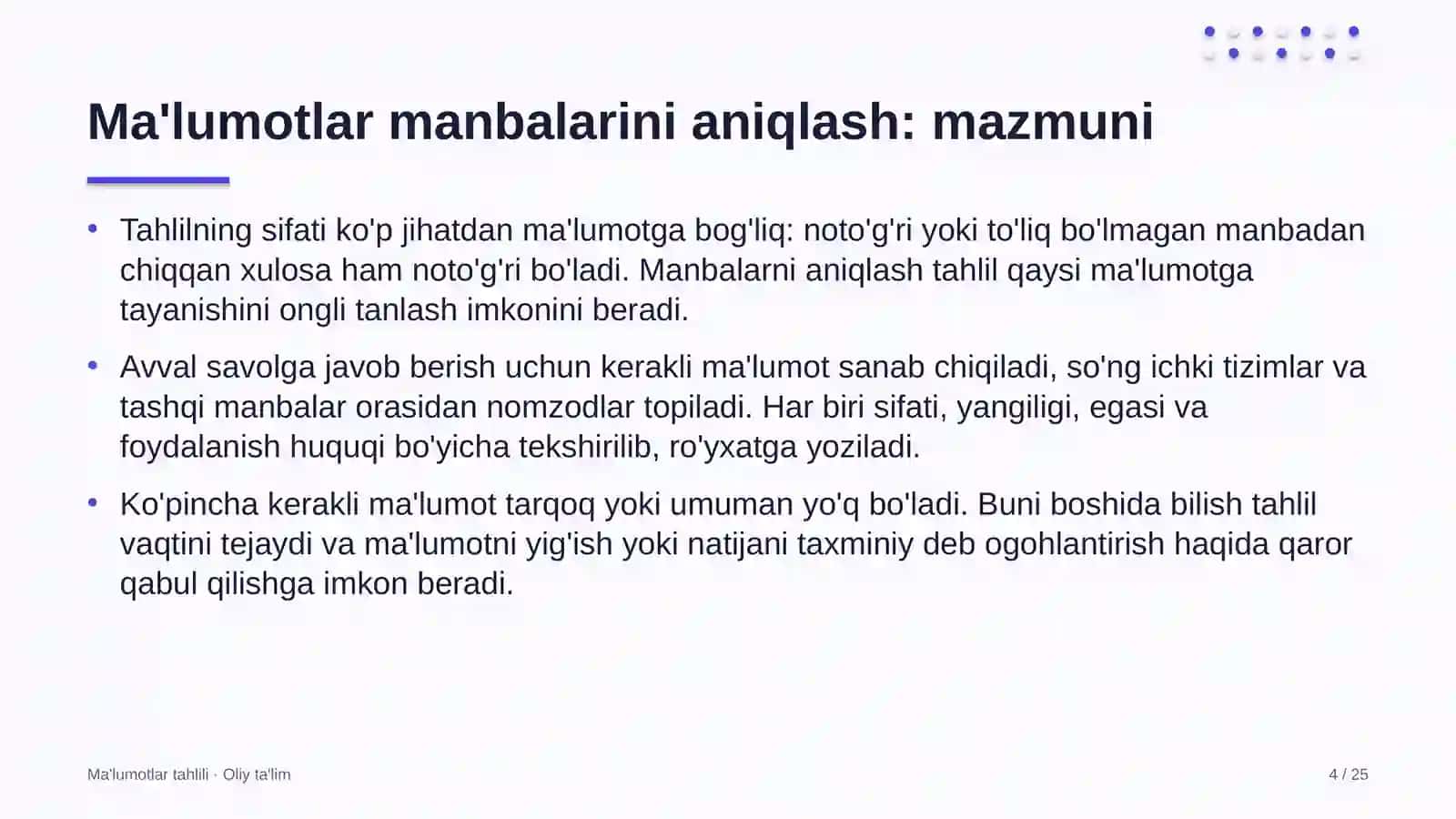 Dasturiy ta'minotni testlash sohasida ma'lumotlar manbalarini aniqlash 4