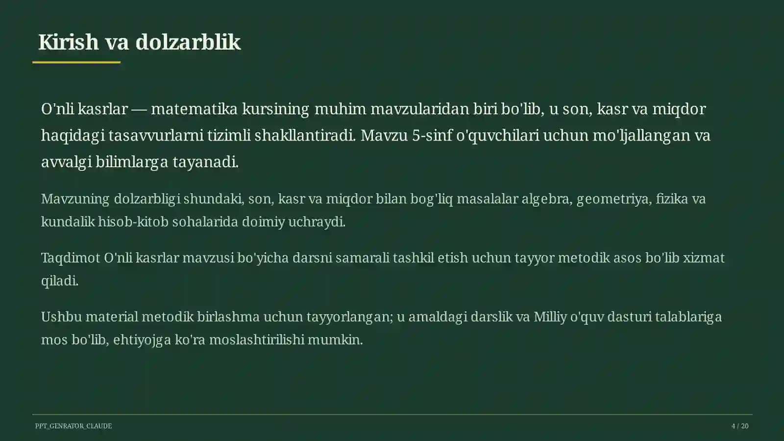 O'nli kasrlar (5-sinf) Matematika (5–6) - metodik birlashma uchun 4