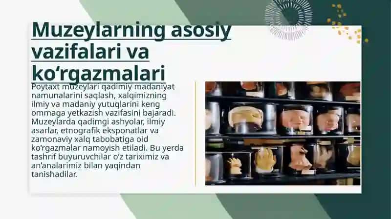 Poytaxt muzeylarida qadimiy madaniyat va fan. Zamonaviy xalq tabobati usullari 4