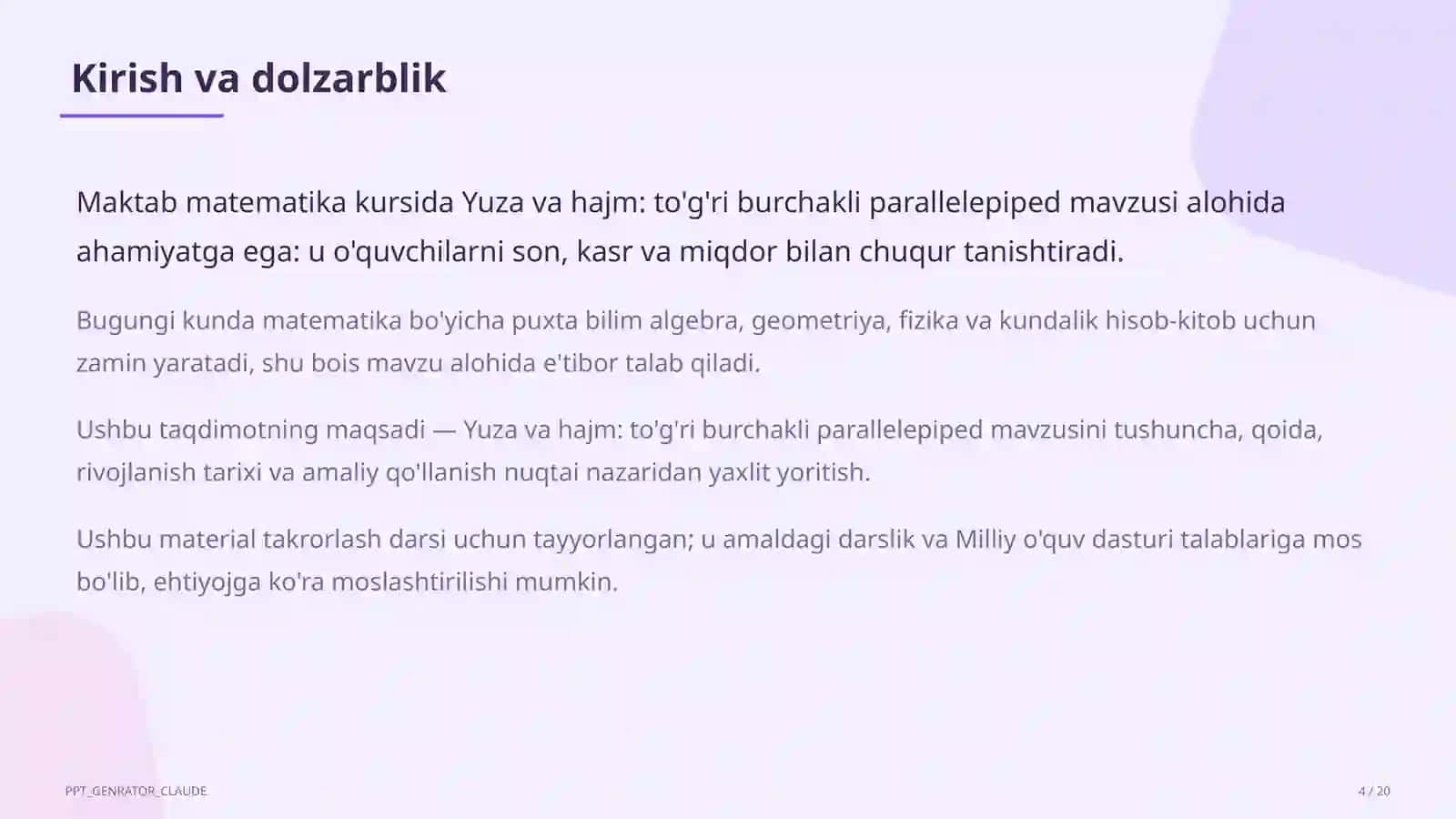 Yuza va hajm: to'g'ri burchakli parallelepiped (5-sinf) 4