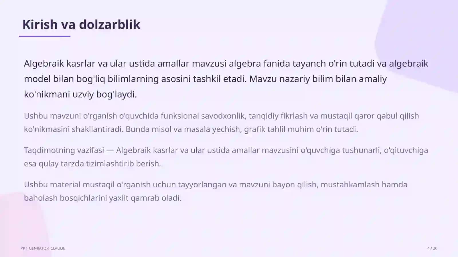 Algebraik kasrlar va ular ustida amallar (8-sinf) 4