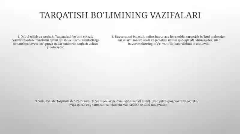 Taqsimot BoʻLimining Asosiy Funktsiyalari Va Bu BoʻLim Logistikada Maqsadi Va Vazifalari 4
