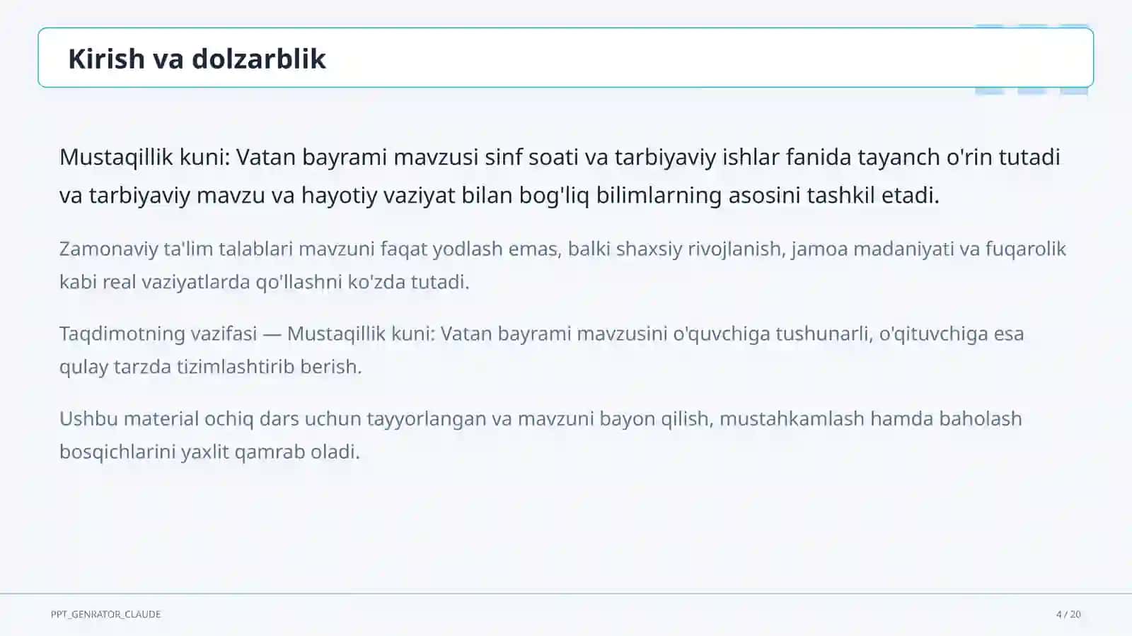 Sinf soati va tarbiyaviy tadbirlar (1-11) - ochiq dars uchun 4