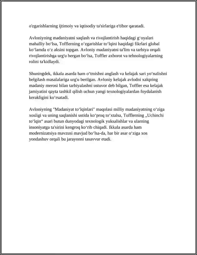 AVLONIYNING „MADANIYAT TOʻLQINLARI“ MAQOLASI VA E.TOFFLERNING „UCHINCHI TOʻLQIN“ ASARINI QIYOSIY TAHLIL QILISH 4