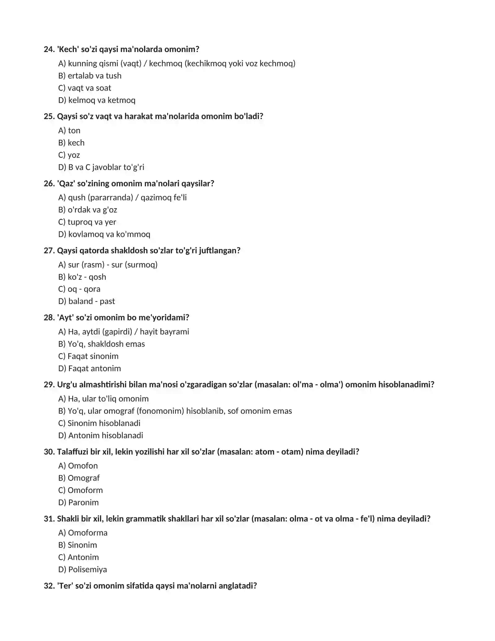 ONA TILI: OMONIMLAR, SINONIMLAR VA ANTONIMLAR BO'YICHA TEST  TOPSHIRIQLARI (100 ta test va kalitlar) 4