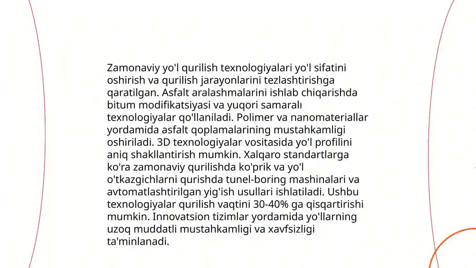 O'zbekiston Respublikasi avtomobil yo'llari tarmoĝining zamonaviy holati va zamonaviy avtomobil magistrallari 4