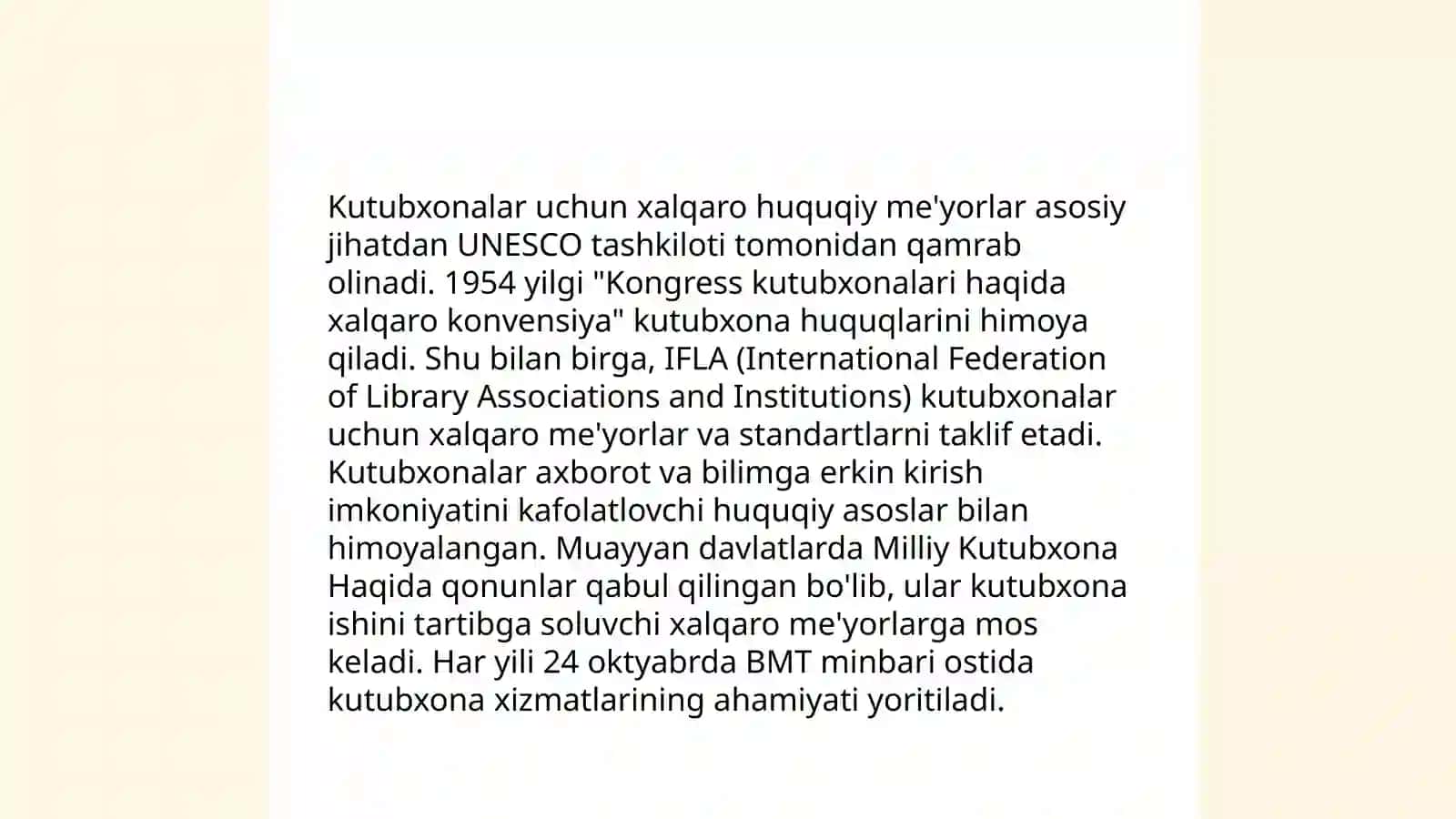 Kutubxona axborot xizmati koʻrsatishning xalqaro miqyosida va mamlakatimizdagi huquqiy me'yoriy asoslari 4
