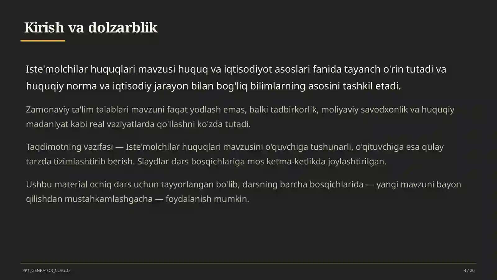 Huquq va iqtisodiyot asoslari (9–11) — ochiq dars uchun 4