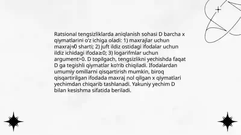 Ratsional tengsizliklar: ta'rif xossalari va yechish usullari 4