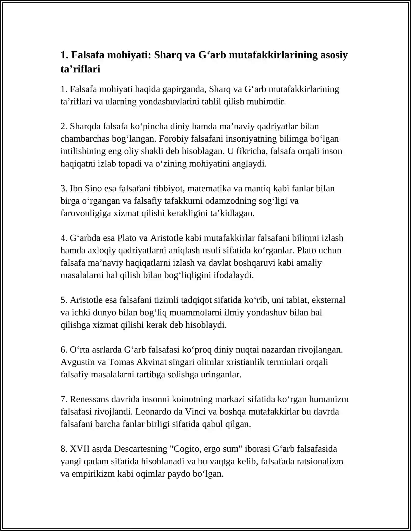 FALSAFA MOHIYATIGA OID SHARQ VA ĢARB MUTAFAKKIRLARI TARIFLARI TASNIFLASH VA ULAR BOYICHA PREZENTATSIYA TAYYORLASH 4