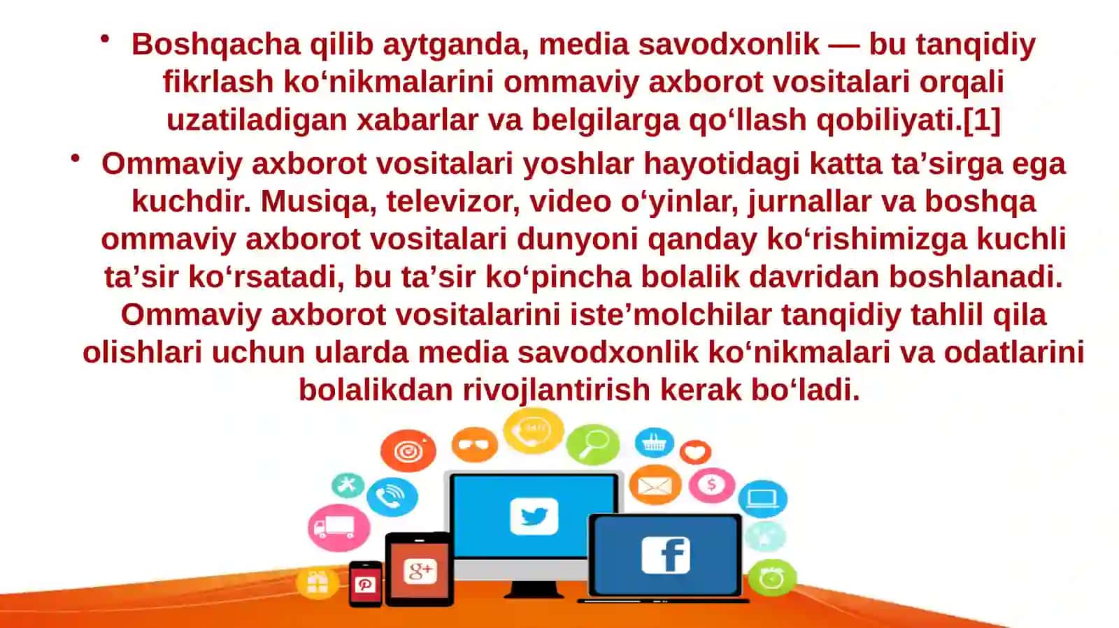 MEDIASAVODXONLIK VA AXBOROT MADANIYATI FANIDAN TAYYORLAGAN TAQDIMOTI 4