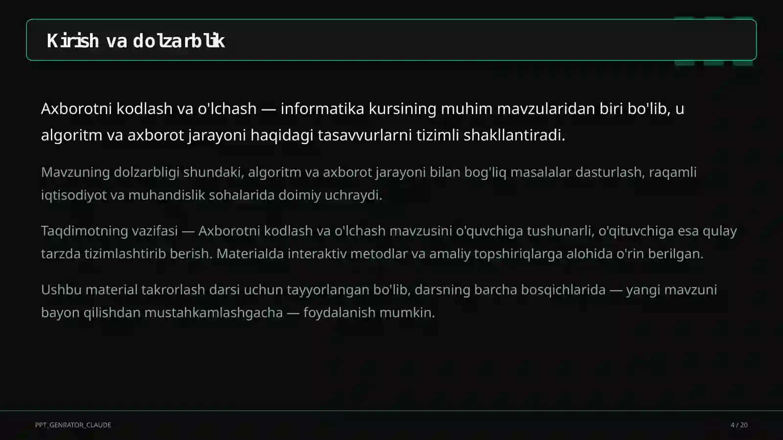 Axborotni kodlash va o'lchash (7-sinf) 4