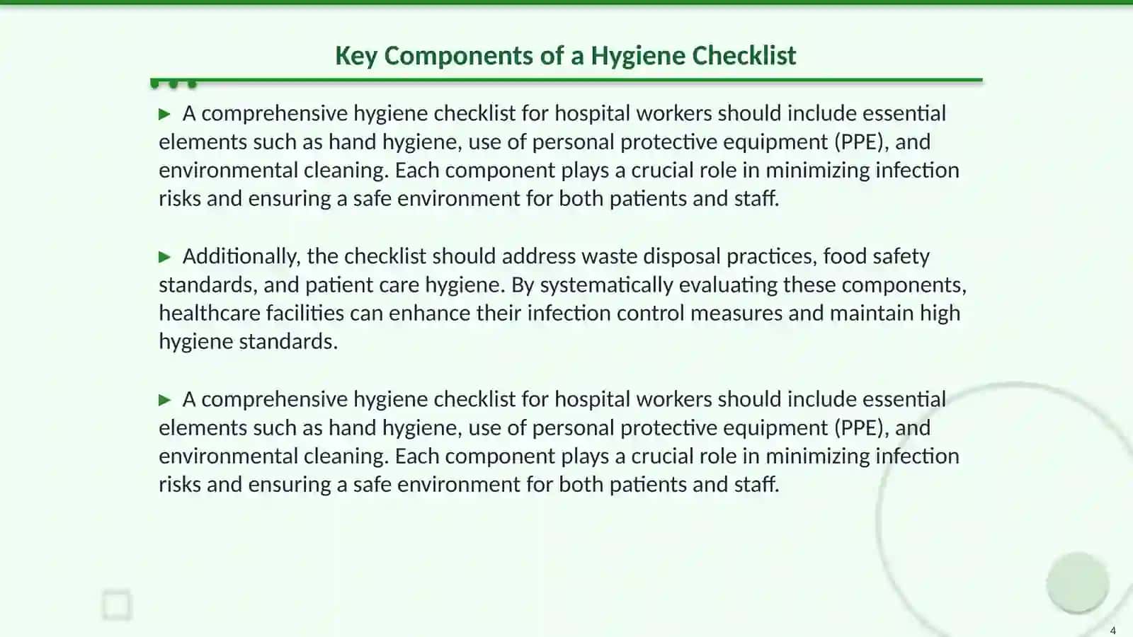 Create a hygiene checklist for hospital workers 4