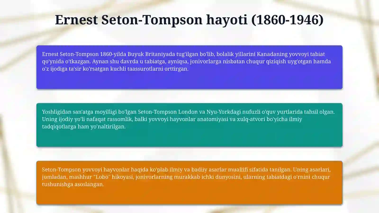 Ernest Seton-Tompson "Lobo" hikoyasi. Muallif hayoti va ijodi. 4