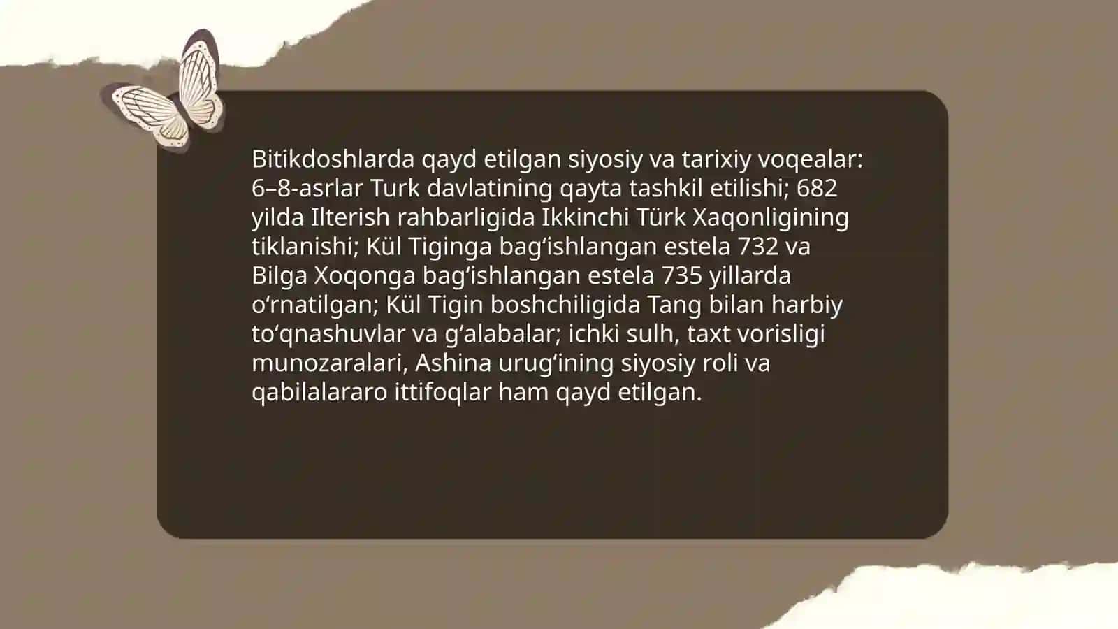 Qadimiy “Oʻrxun Enasoy”, “Kultegin”, “Bilga Hoqon”, “Koʻli chor” va “Moyun chur” bitikdoshlari 4
