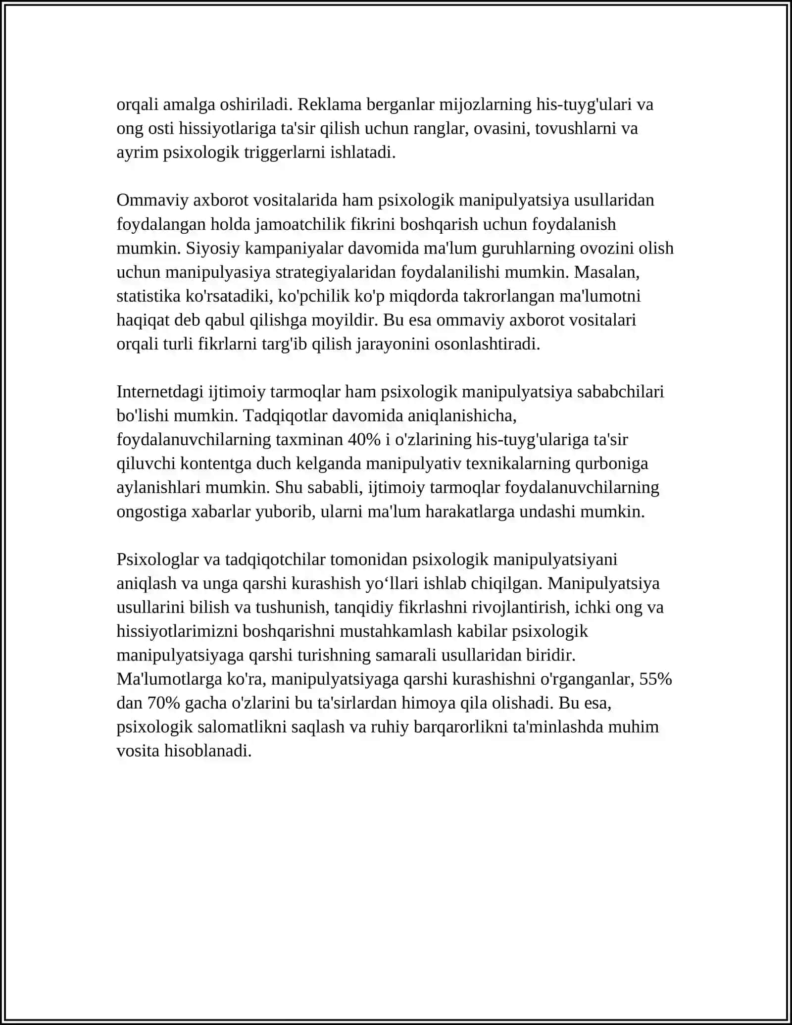 MUSTAQIL ISH Mavzu: SHAXSGA YO‘NALTIRILGAN AXBOROT:PSIXOLOGIK,DINIY VA MADANIY TAHDIDLAR 4
