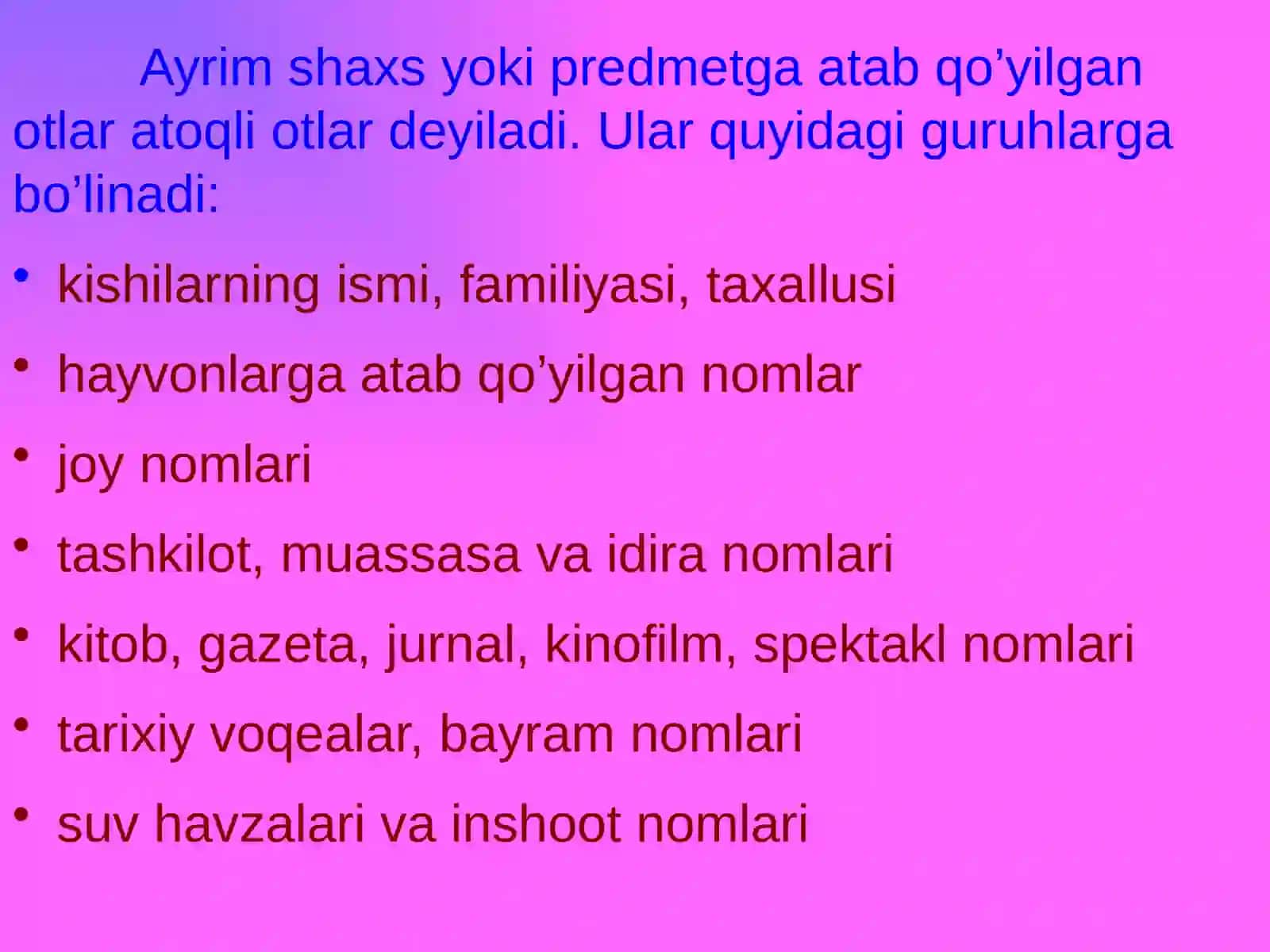 6-sinf Ona tili fanidan dars ishlanma. Atoqli otlar, ularning turlari va imlosi 4