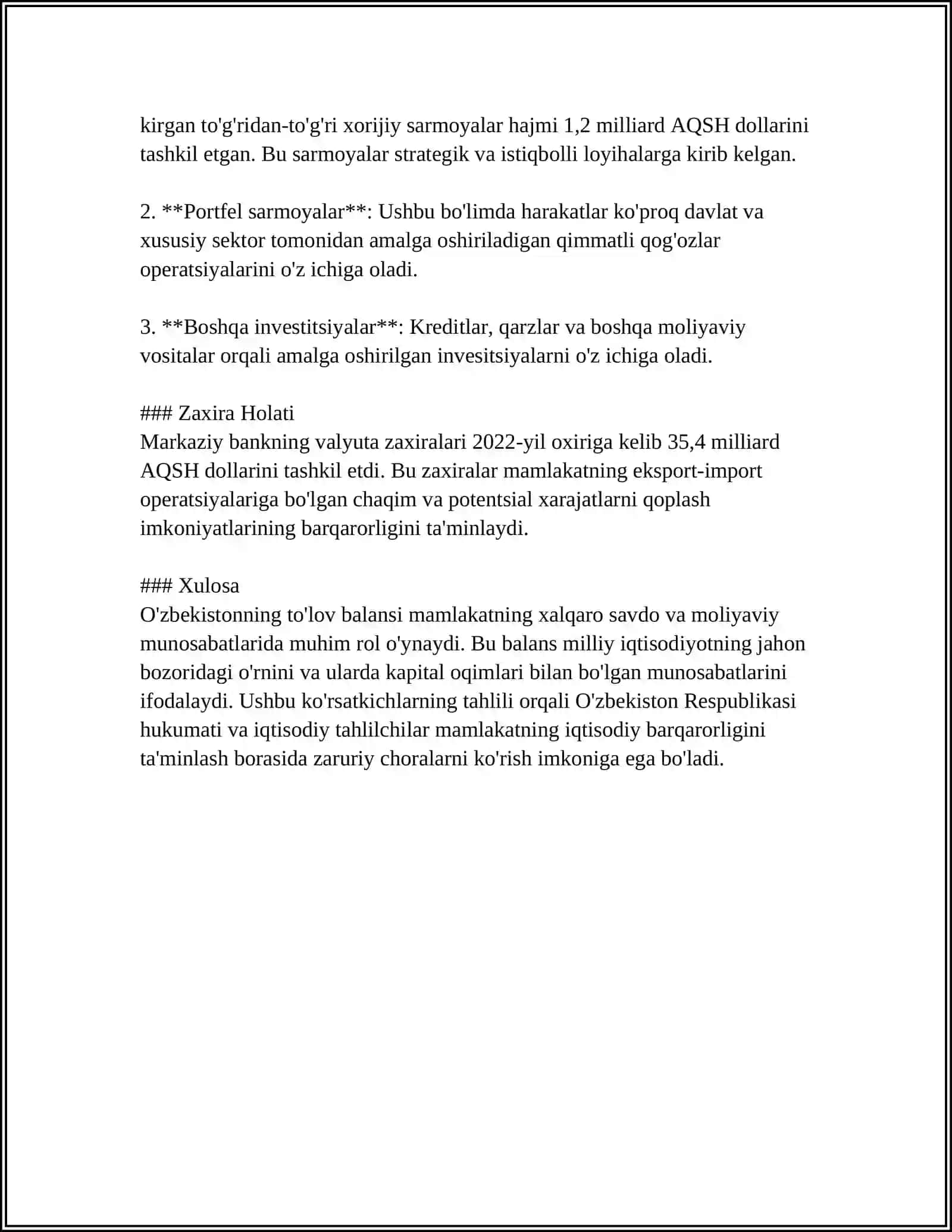 MUSTAQIL ISH Mavzu: O'ZBEKISTON RESPUBLIKASI TO'LOV BALANSI 4
