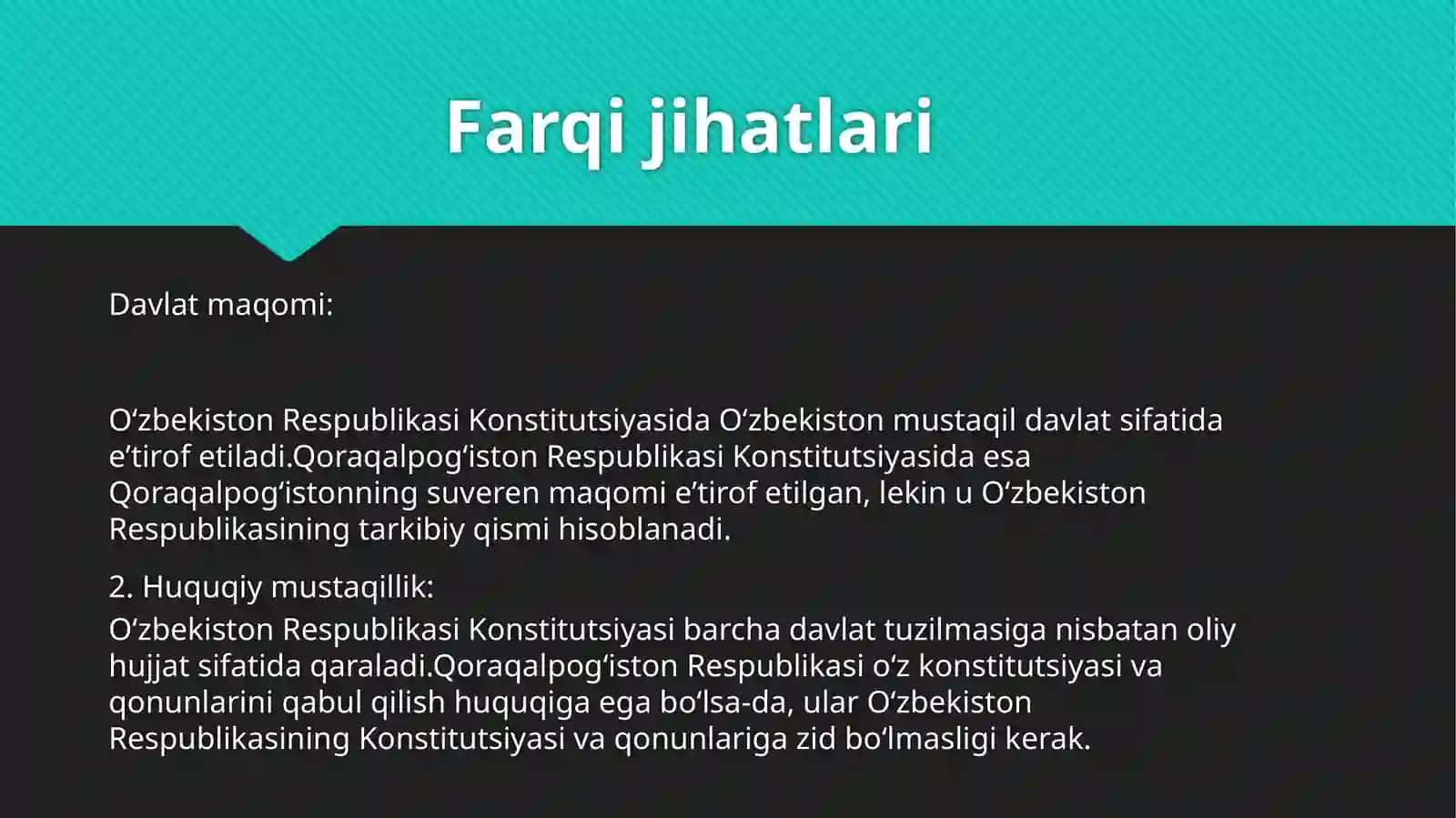 Yangi tahrirdagi Oʻzbekiston Respublikasi Konstitutsiyasi bilan Qoraqalpogʻiston Respublikasi Konstitutsiyasining farqli jihatlari 4