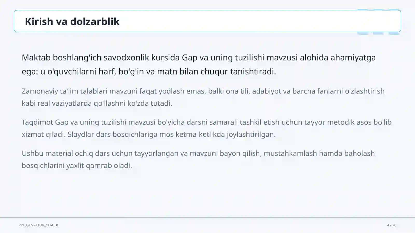 Boshlang'ich sinf: Ona tili va o'qish (1– 4) — ochiq dars uchun 4