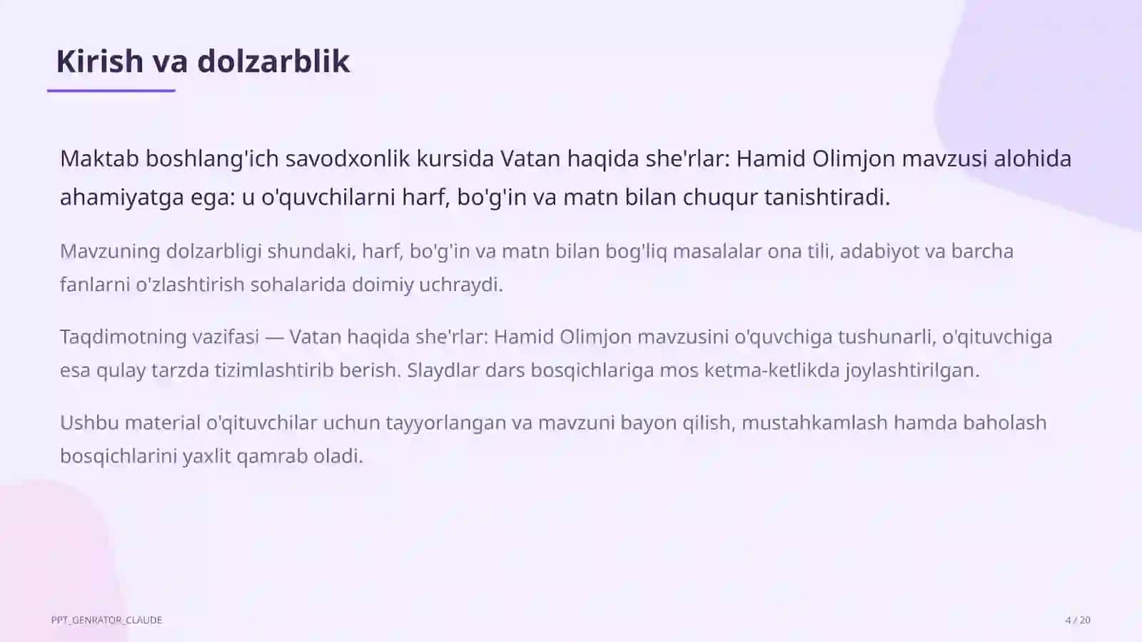 Ona tili va o'qish (1–4) — o'qituvchilar uchun 4
