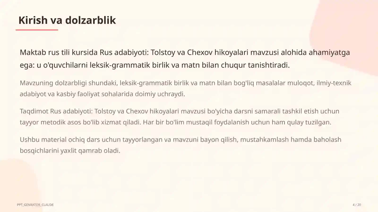 Rus adabiyoti: Tolstoy va Chexov hikoyalari (10-sinf) 4