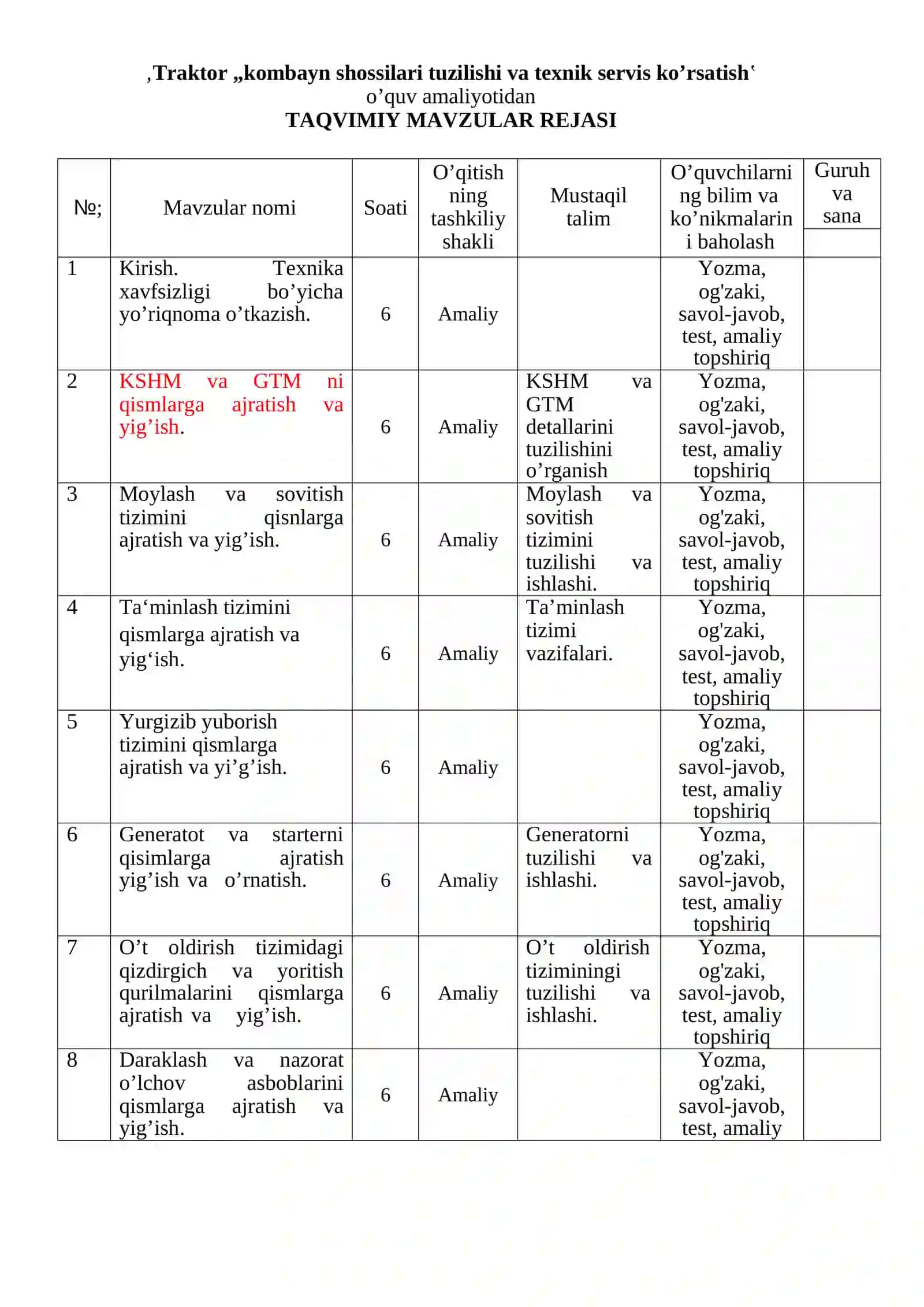 TRAKTOR–KOMBAYN SHASSILARINI TUZILISHI VA TEXNIK SERVIS KO’RSATISH 4