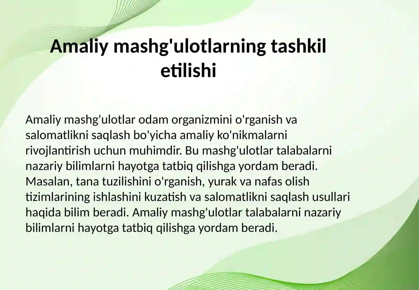 Odam va uning salomatligi o quy fanidan fiziologik mazmundagi amaliy mashg'ulotlarini tashkil etish metodikasi . Odam va uning salomatligi o'quv fanidan fanlararo integratsiyaga asoslangan amaliy mashg'ulotlarini tashkil etish metodikasi 4