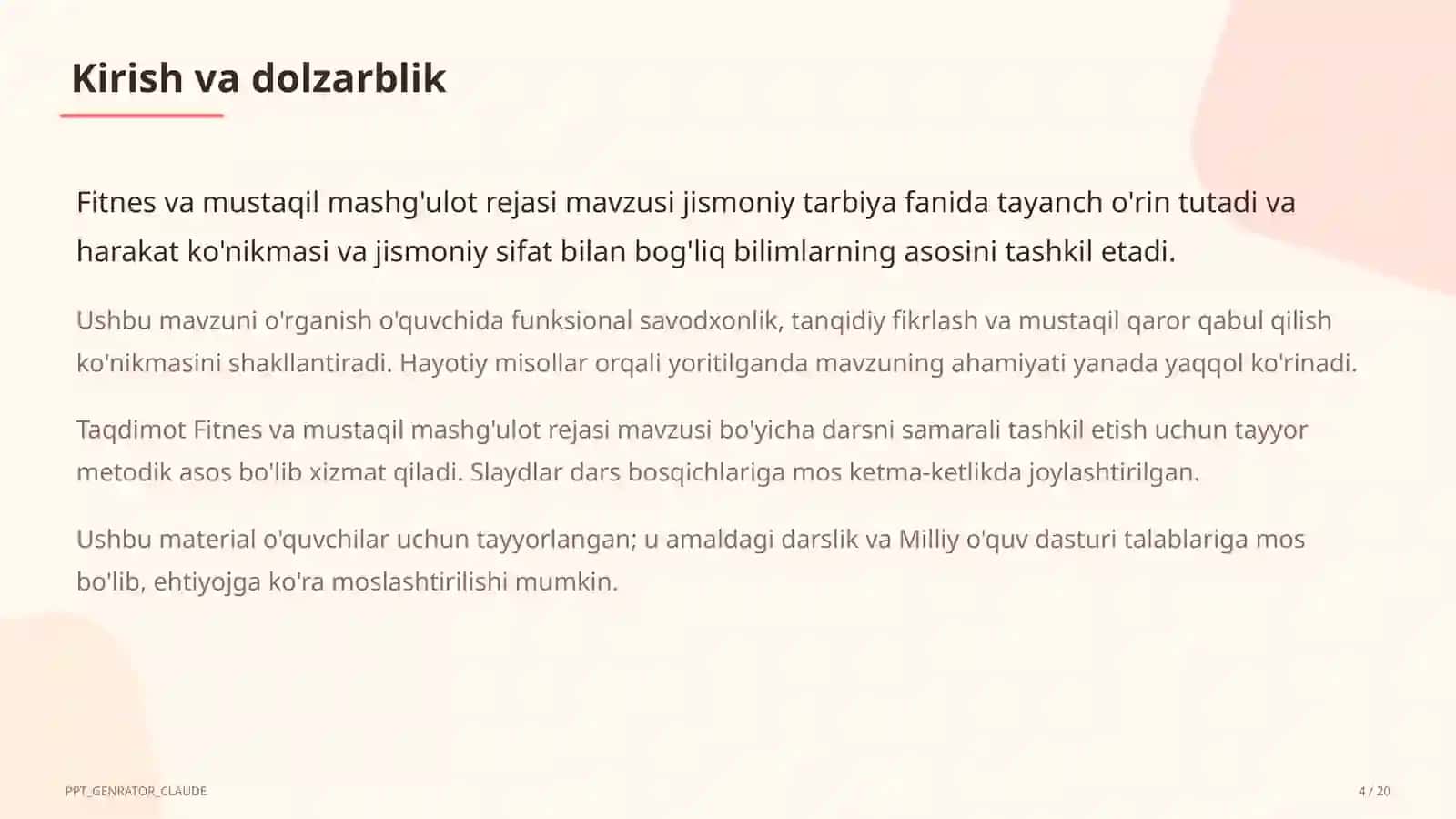 Fitnes va mustaqil mashg'ulot rejasi (11-sinf) 4