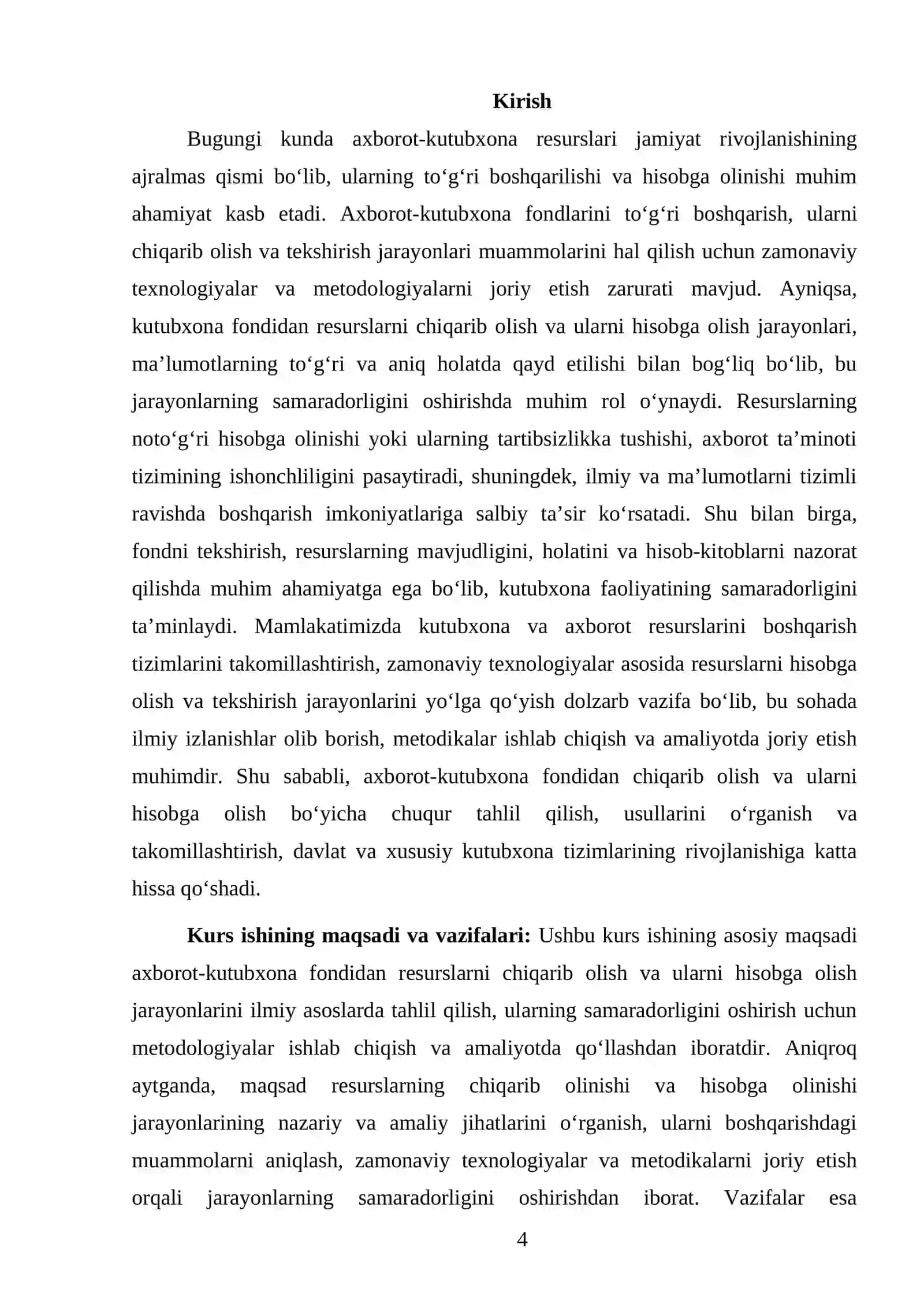 Kurs ishi: Axborot-kutubxona resurslarini axborot kutubxona fondidan chiqarilishini hisobga olish va fondni tekshirish 4