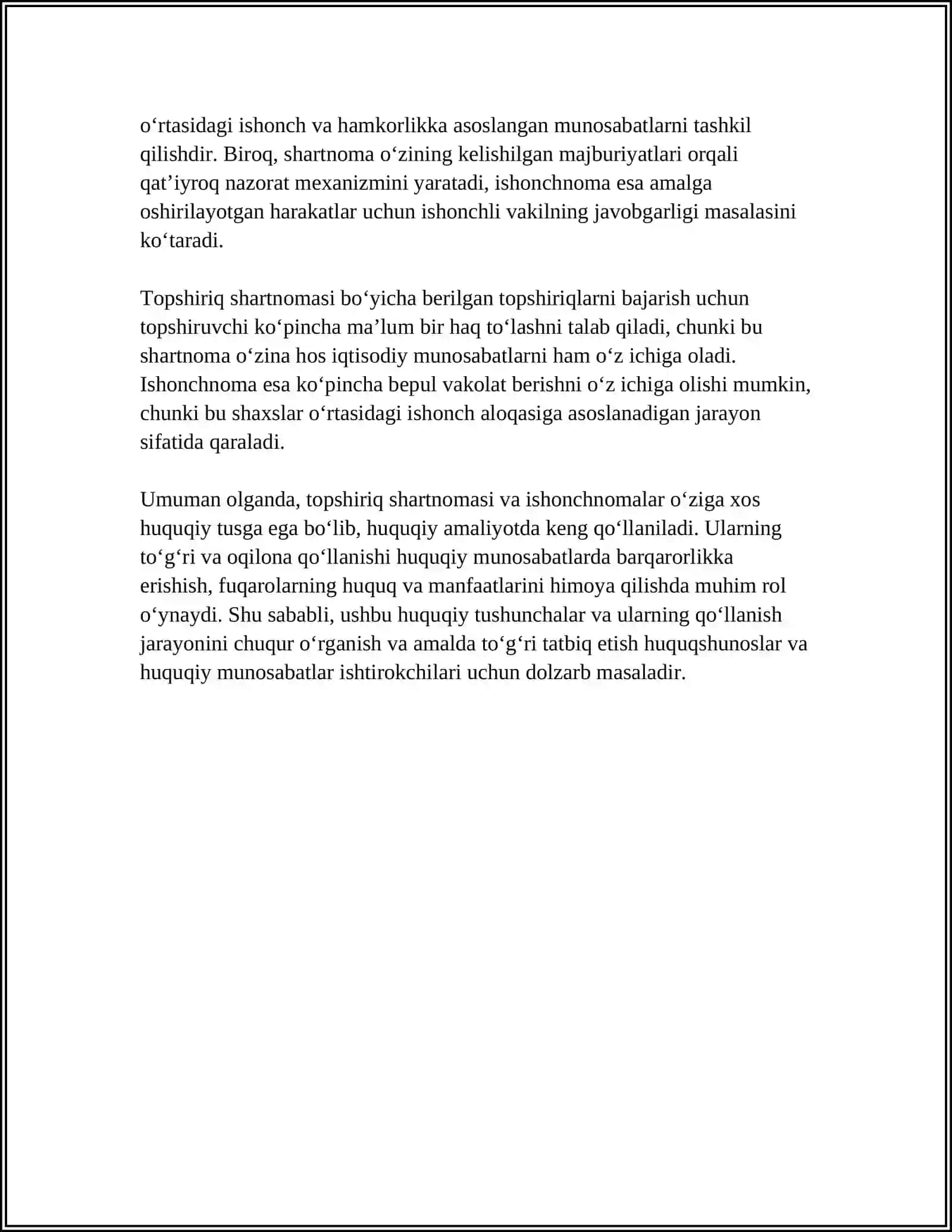 TOPSHIRIQ SHARTNOMASI VA ISHONCHNOMA: OʻZARO BOGʻLIQLIK VA FARQLI JIHATLARI 4
